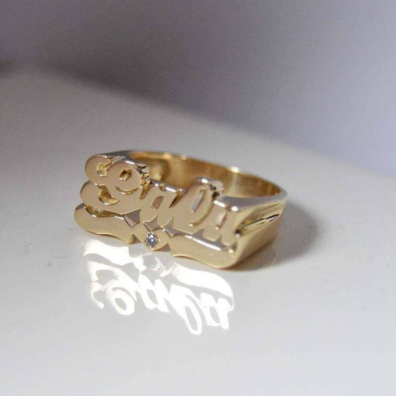 Personalized Name Ring Unisex Custom Letter Initial Ring with Heart Gold-Plated Copper Nameplate Ring - MERGE.DAY.1.FREESTYLE