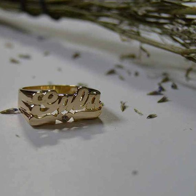 Personalized Name Ring Unisex Custom Letter Initial Ring with Heart Gold-Plated Copper Nameplate Ring - MERGE.DAY.1.FREESTYLE