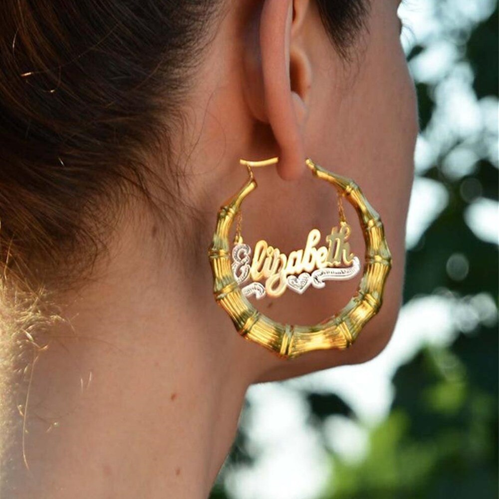 50-100mm Personalized Bamboo Earrings Custom Hoops Earrings Customize Name Earrings - MERGE.DAY.1.FREESTYLE