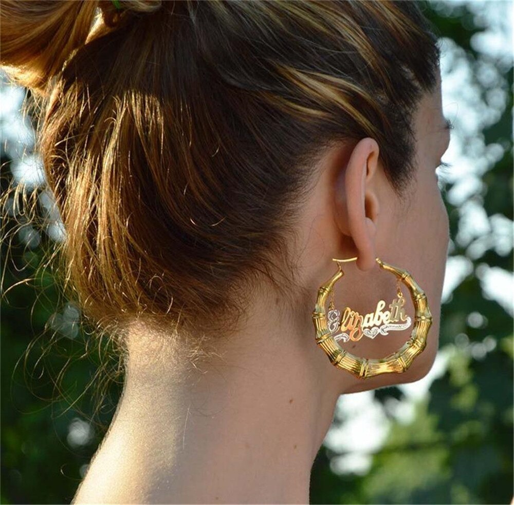 50-100mm Personalized Bamboo Earrings Custom Hoops Earrings Customize Name Earrings - MERGE.DAY.1.FREESTYLE