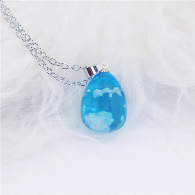 Resin Rould Ball Moon Pendant Necklace Women Blue Sky White Cloud Necklace - MERGE.DAY.1.FREESTYLE