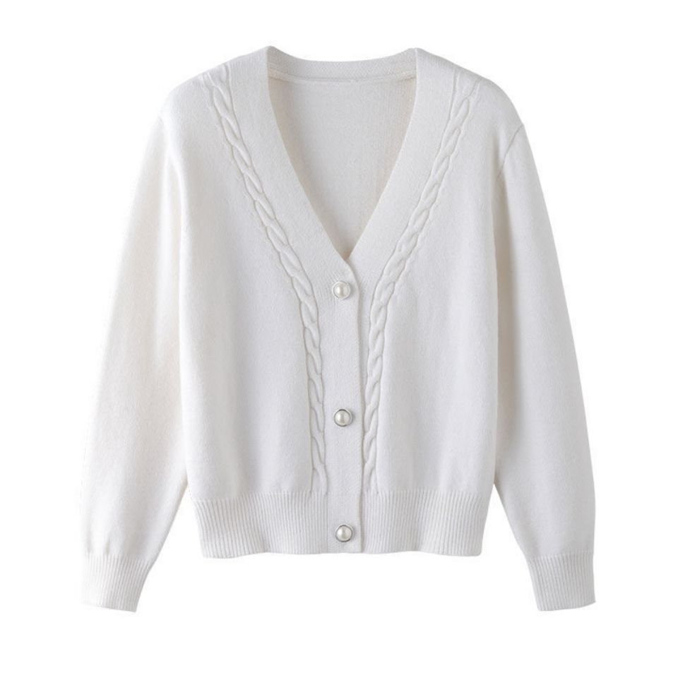 Sweater Cardigan Women Autumn Winter V Neck Pearl Single Breasted Loose Short Thicken Sweater Top - MERGE.DAY.1.FREESTYLE