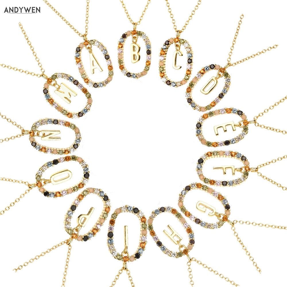 Sterling Silver Gold 26 Alphabet B J P Letters A M Initial Long Chain Necklace Summer Colorful Zircon Ovals - MERGE.DAY.1.FREESTYLE