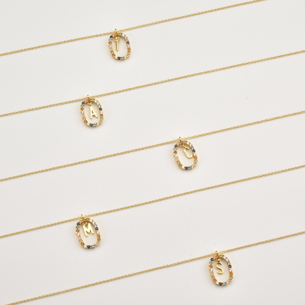Sterling Silver Gold 26 Alphabet B J P Letters A M Initial Long Chain Necklace Summer Colorful Zircon Ovals - MERGE.DAY.1.FREESTYLE
