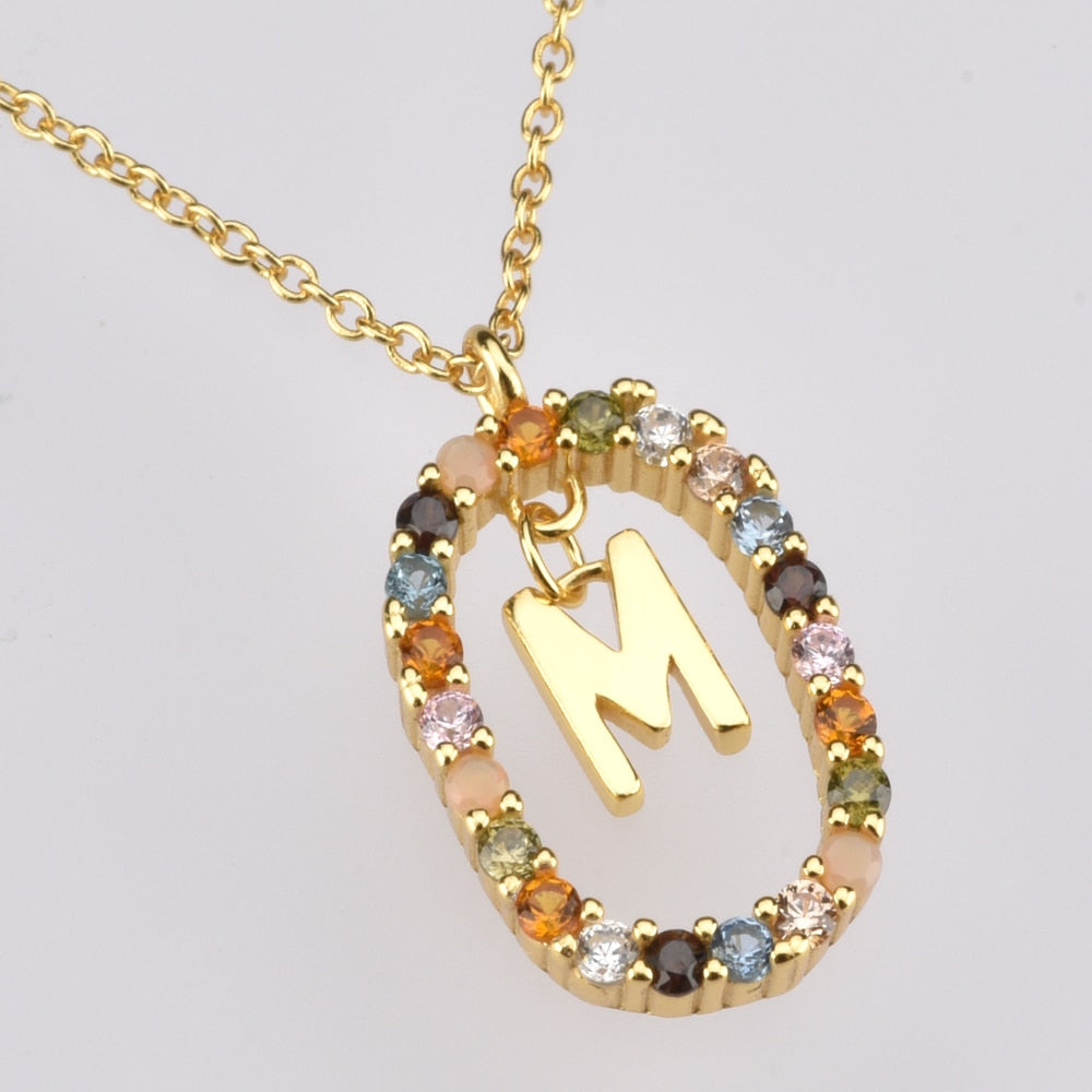Sterling Silver Gold 26 Alphabet B J P Letters A M Initial Long Chain Necklace Summer Colorful Zircon Ovals - MERGE.DAY.1.FREESTYLE