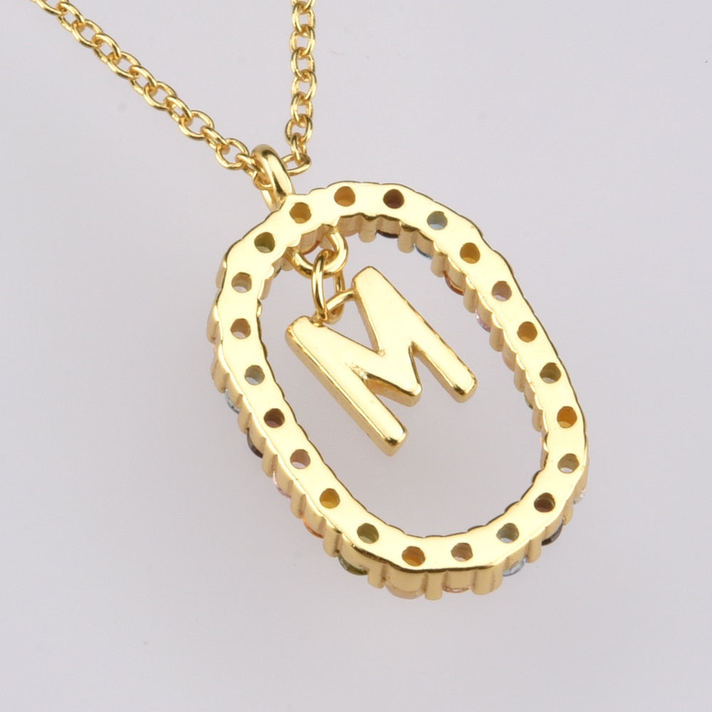 Sterling Silver Gold 26 Alphabet B J P Letters A M Initial Long Chain Necklace Summer Colorful Zircon Ovals - MERGE.DAY.1.FREESTYLE