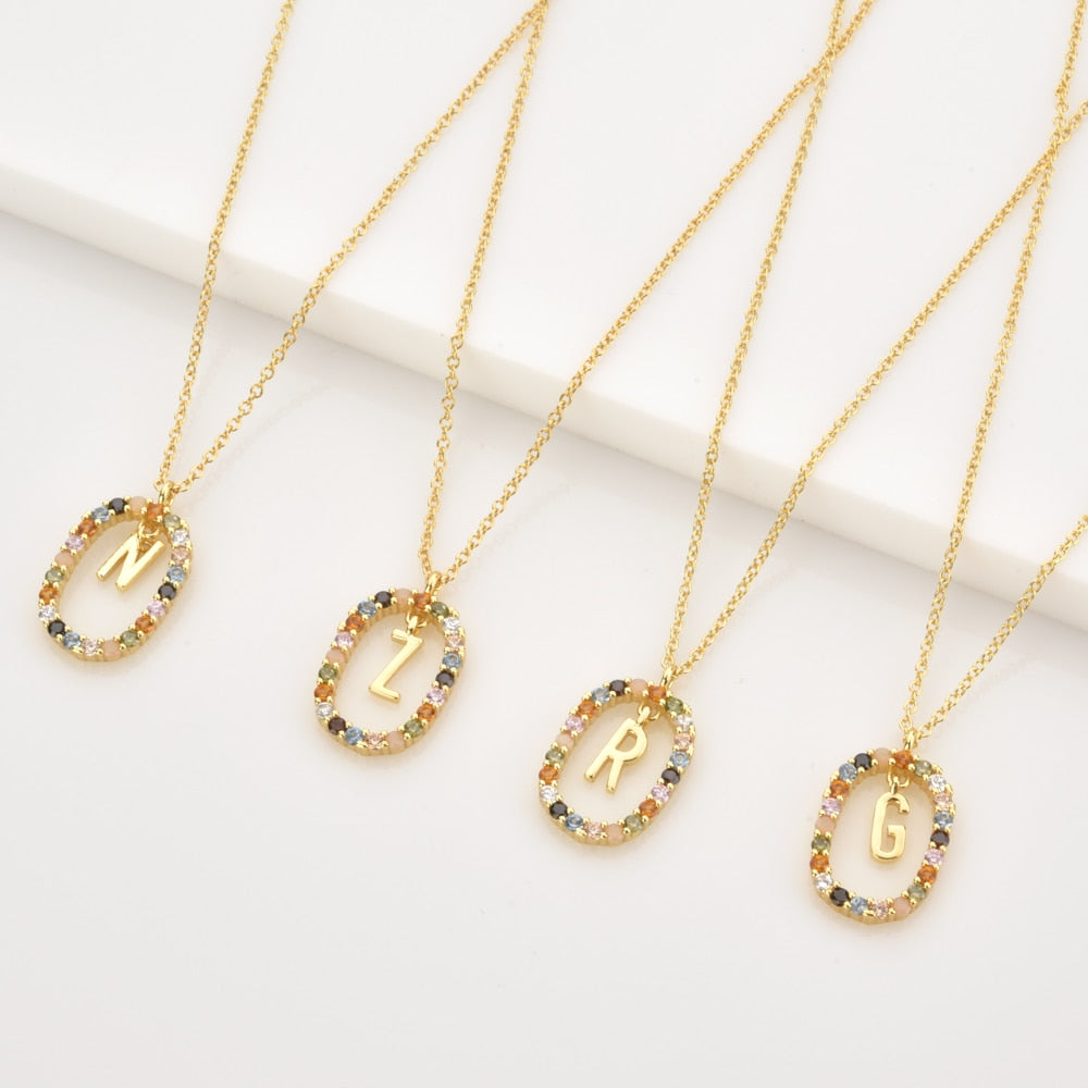 Sterling Silver Gold 26 Alphabet B J P Letters A M Initial Long Chain Necklace Summer Colorful Zircon Ovals - MERGE.DAY.1.FREESTYLE