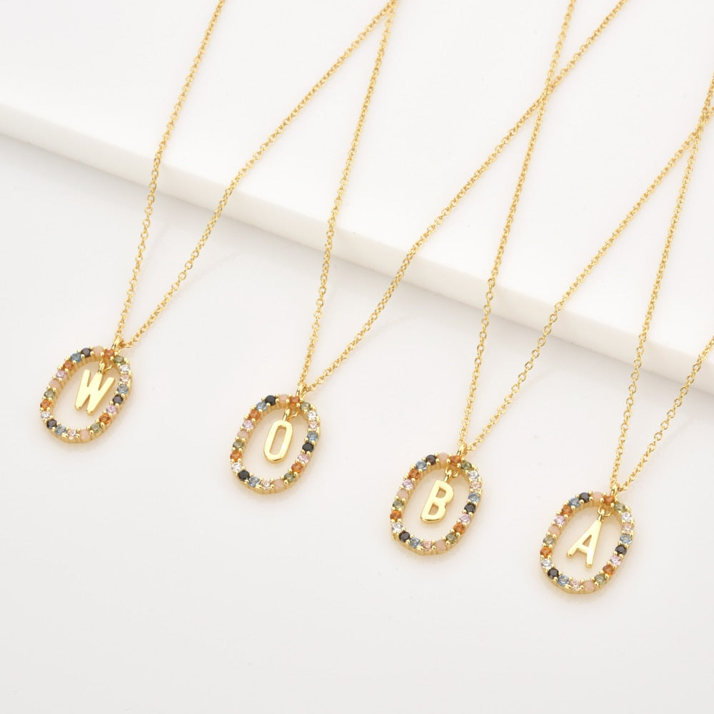 Sterling Silver Gold 26 Alphabet B J P Letters A M Initial Long Chain Necklace Summer Colorful Zircon Ovals - MERGE.DAY.1.FREESTYLE
