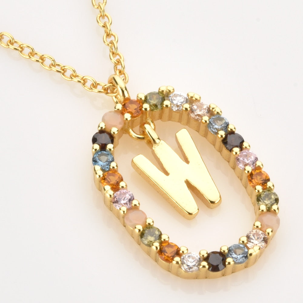 Sterling Silver Gold 26 Alphabet B J P Letters A M Initial Long Chain Necklace Summer Colorful Zircon Ovals - MERGE.DAY.1.FREESTYLE