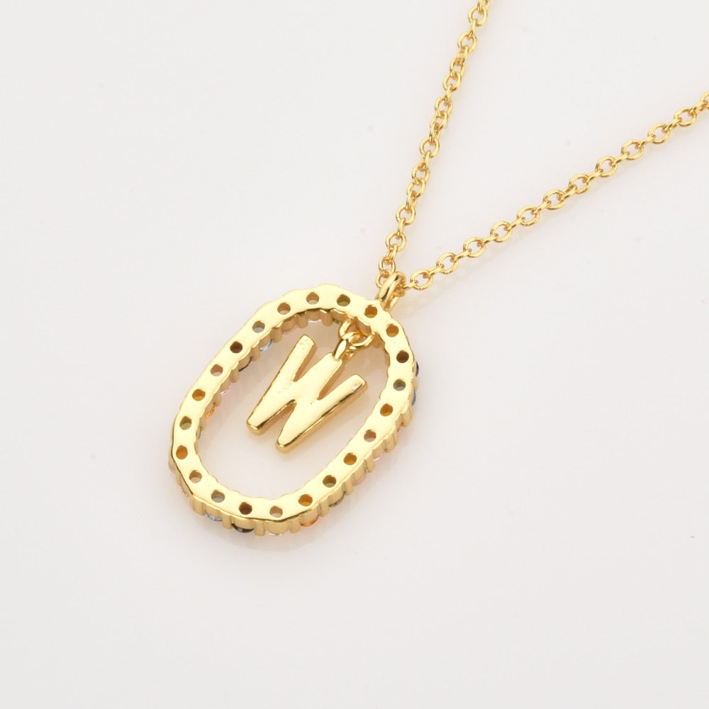 Sterling Silver Gold 26 Alphabet B J P Letters A M Initial Long Chain Necklace Summer Colorful Zircon Ovals - MERGE.DAY.1.FREESTYLE