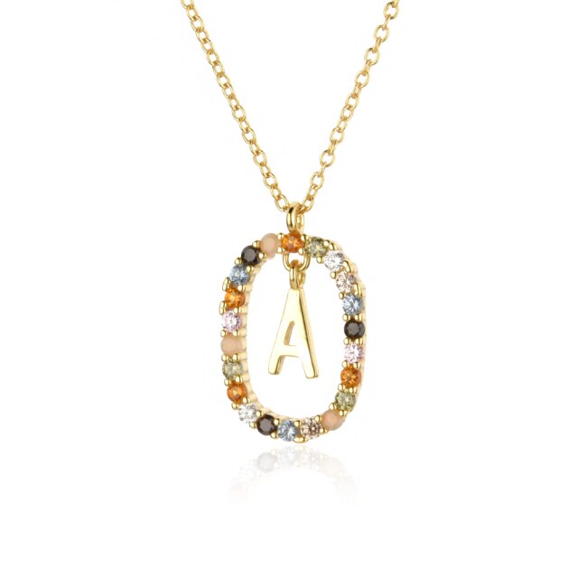Sterling Silver Gold 26 Alphabet B J P Letters A M Initial Long Chain Necklace Summer Colorful Zircon Ovals - MERGE.DAY.1.FREESTYLE