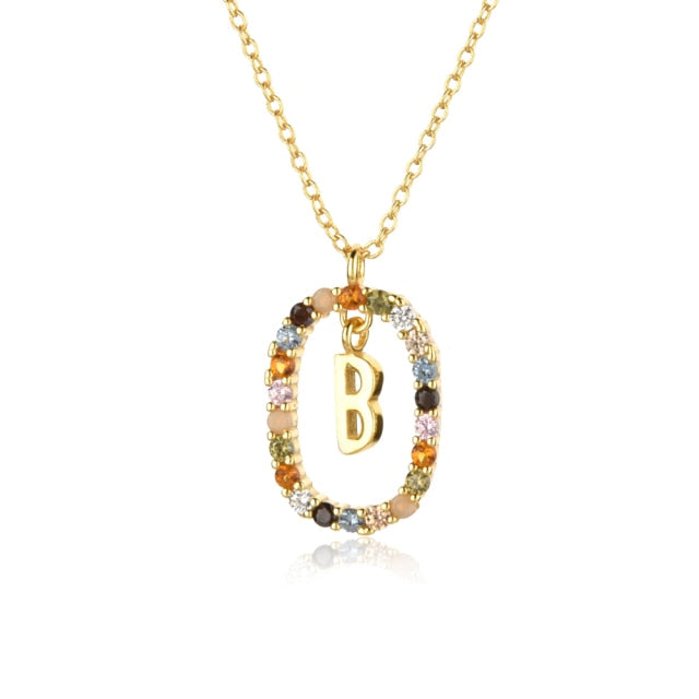 Sterling Silver Gold 26 Alphabet B J P Letters A M Initial Long Chain Necklace Summer Colorful Zircon Ovals - MERGE.DAY.1.FREESTYLE