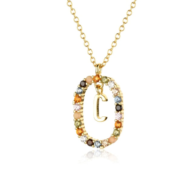 Sterling Silver Gold 26 Alphabet B J P Letters A M Initial Long Chain Necklace Summer Colorful Zircon Ovals - MERGE.DAY.1.FREESTYLE