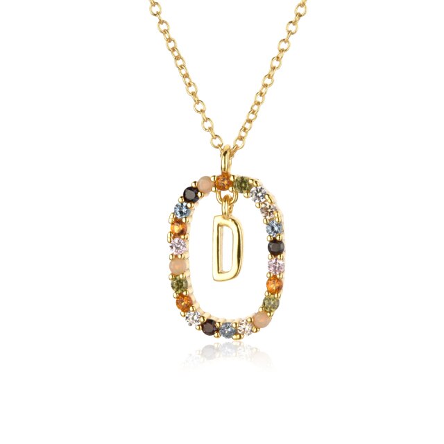 Sterling Silver Gold 26 Alphabet B J P Letters A M Initial Long Chain Necklace Summer Colorful Zircon Ovals - MERGE.DAY.1.FREESTYLE