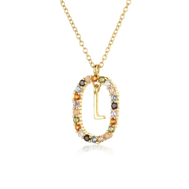 Sterling Silver Gold 26 Alphabet B J P Letters A M Initial Long Chain Necklace Summer Colorful Zircon Ovals - MERGE.DAY.1.FREESTYLE