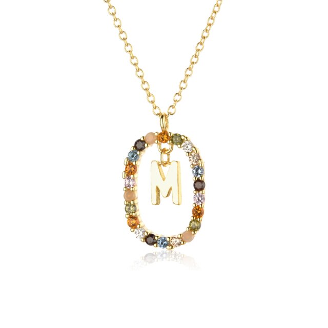 Sterling Silver Gold 26 Alphabet B J P Letters A M Initial Long Chain Necklace Summer Colorful Zircon Ovals - MERGE.DAY.1.FREESTYLE