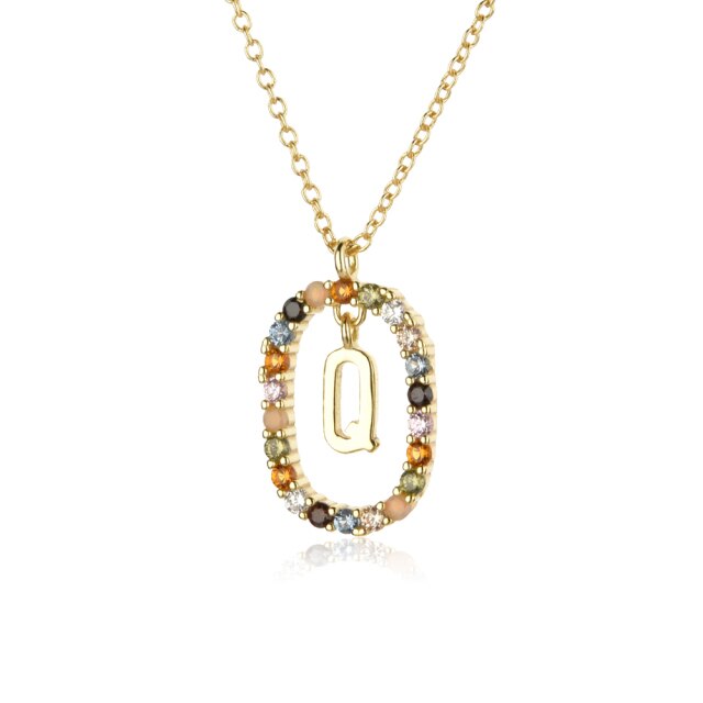 Sterling Silver Gold 26 Alphabet B J P Letters A M Initial Long Chain Necklace Summer Colorful Zircon Ovals - MERGE.DAY.1.FREESTYLE