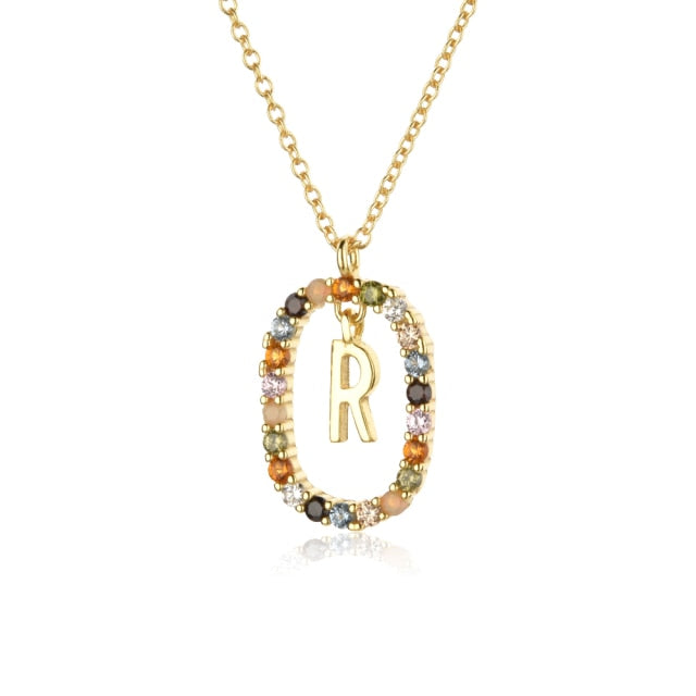 Sterling Silver Gold 26 Alphabet B J P Letters A M Initial Long Chain Necklace Summer Colorful Zircon Ovals - MERGE.DAY.1.FREESTYLE