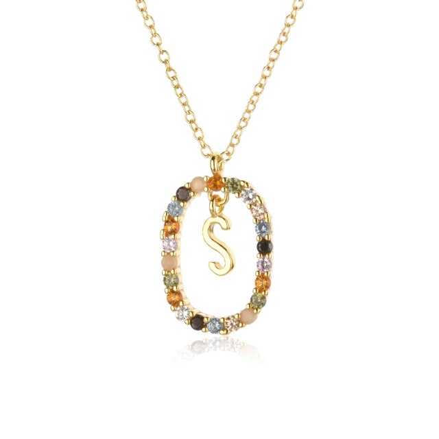 Sterling Silver Gold 26 Alphabet B J P Letters A M Initial Long Chain Necklace Summer Colorful Zircon Ovals - MERGE.DAY.1.FREESTYLE