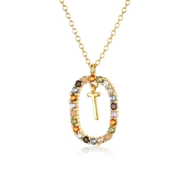 Sterling Silver Gold 26 Alphabet B J P Letters A M Initial Long Chain Necklace Summer Colorful Zircon Ovals - MERGE.DAY.1.FREESTYLE