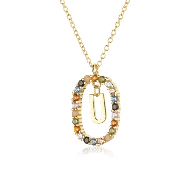 Sterling Silver Gold 26 Alphabet B J P Letters A M Initial Long Chain Necklace Summer Colorful Zircon Ovals - MERGE.DAY.1.FREESTYLE