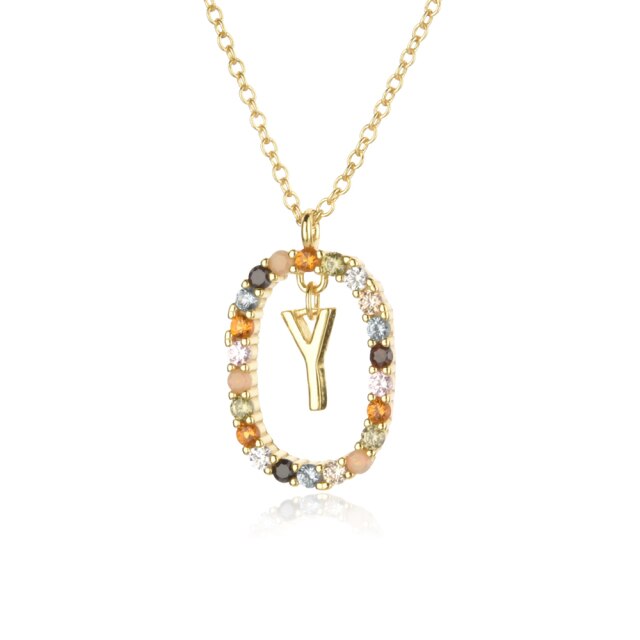 Sterling Silver Gold 26 Alphabet B J P Letters A M Initial Long Chain Necklace Summer Colorful Zircon Ovals - MERGE.DAY.1.FREESTYLE