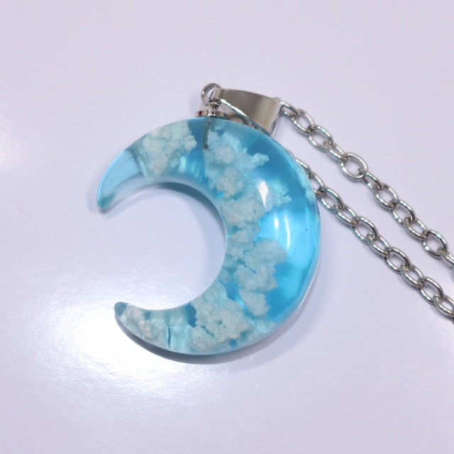 Resin Rould Ball Moon Pendant Necklace Women Blue Sky White Cloud Necklace - MERGE.DAY.1.FREESTYLE
