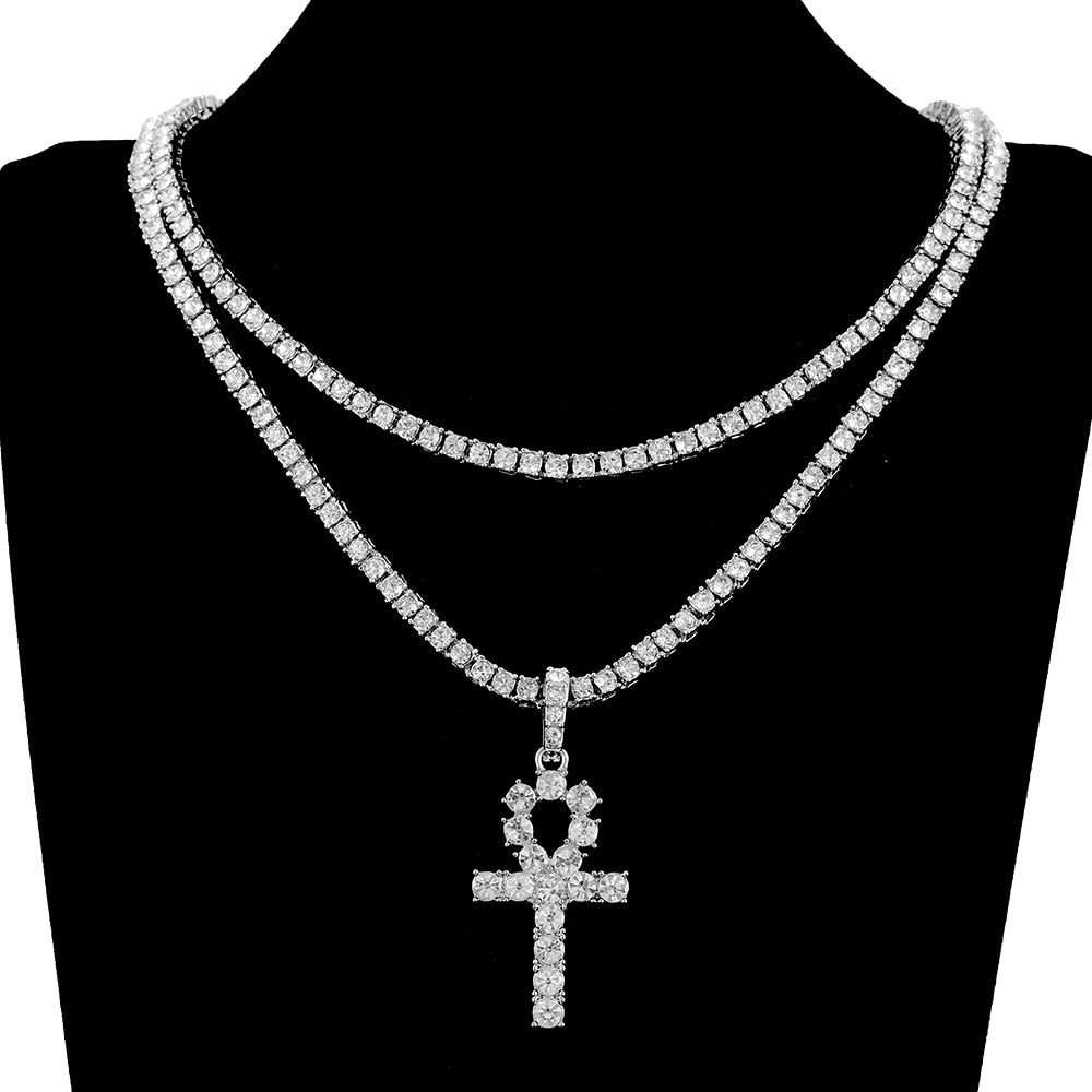 Iced Out Ankh Cross Pendant Necklace Choker Chain Necklace Jewelry - MERGE.DAY.1.FREESTYLE
