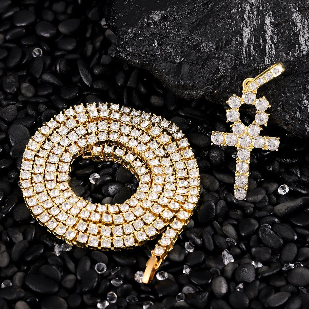 Iced Out Ankh Cross Pendant Necklace Choker Chain Necklace Jewelry - MERGE.DAY.1.FREESTYLE