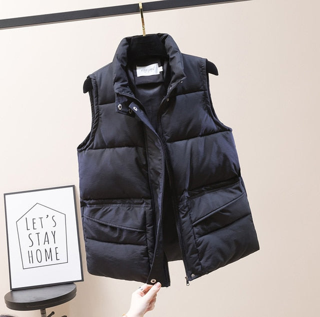 Vest Women Cotton Padded Women's Winter Sleeveless Jacket with Zipper Stand Collar Casual Coats - MERGE.DAY.1.FREESTYLE