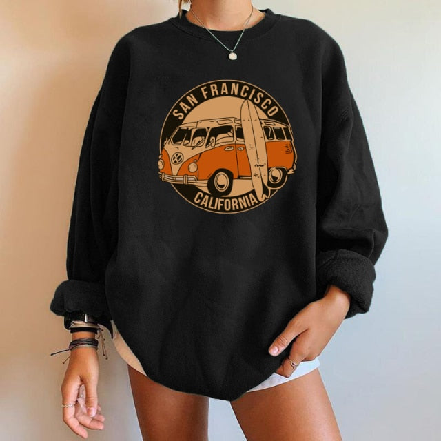 Car pattern Sweatshirts Oversized Crewneck Tops Woman Drop-shoulder Pullovers Sweatshirts - MERGE.DAY.1.FREESTYLE