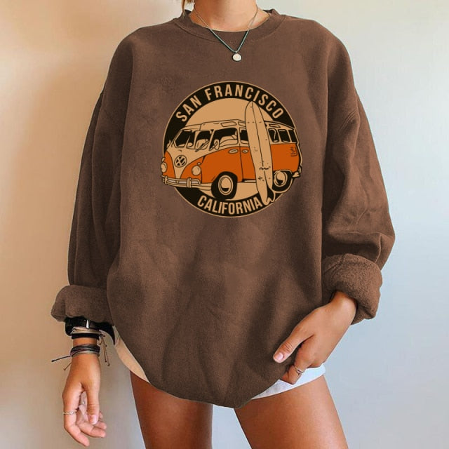 Car pattern Sweatshirts Oversized Crewneck Tops Woman Drop-shoulder Pullovers Sweatshirts - MERGE.DAY.1.FREESTYLE