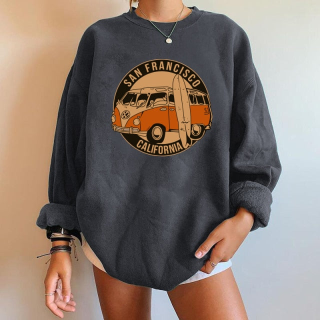 Car pattern Sweatshirts Oversized Crewneck Tops Woman Drop-shoulder Pullovers Sweatshirts - MERGE.DAY.1.FREESTYLE