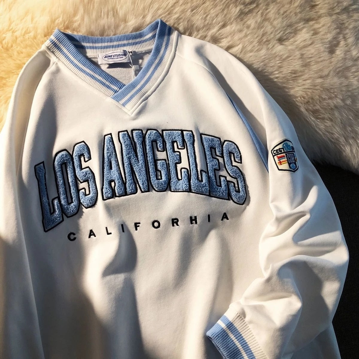 LOS ANGELES CALIFORHIA Embroidered Sweatshirts Oversized V Neck Pullovers - MERGE.DAY.1.FREESTYLE