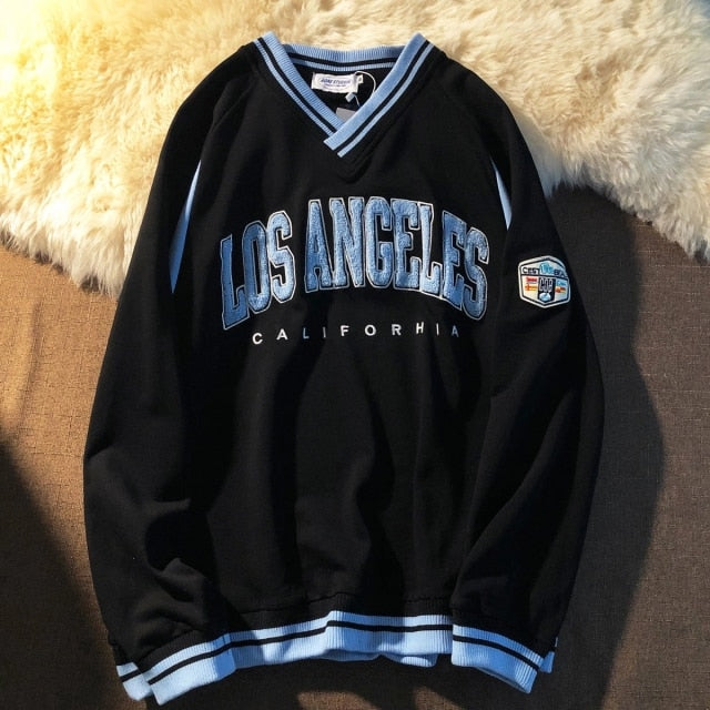 LOS ANGELES CALIFORHIA Embroidered Sweatshirts Oversized V Neck Pullovers - MERGE.DAY.1.FREESTYLE