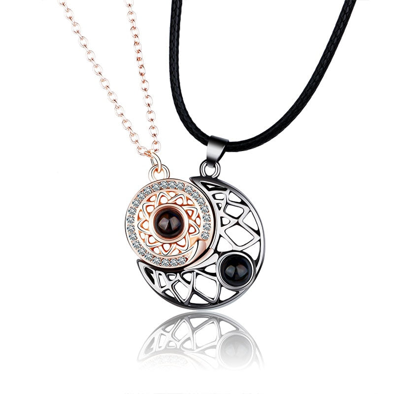 Hollow Design Sun Moon Magnet Puzzle matching necklaces 100 Language I Love You Couple Necklaces - MERGE.DAY.1.FREESTYLE