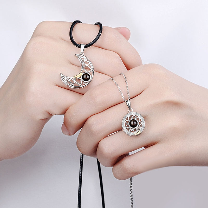 Hollow Design Sun Moon Magnet Puzzle matching necklaces 100 Language I Love You Couple Necklaces - MERGE.DAY.1.FREESTYLE