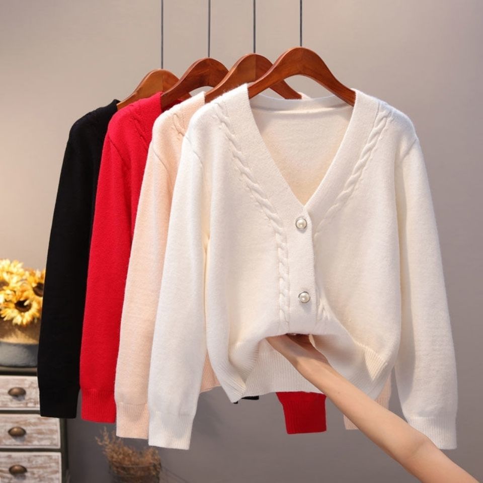 Sweater Cardigan Women Autumn Winter V Neck Pearl Single Breasted Loose Short Thicken Sweater Top - MERGE.DAY.1.FREESTYLE