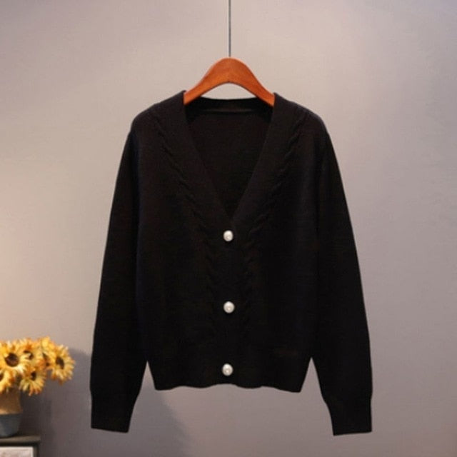 Sweater Cardigan Women Autumn Winter V Neck Pearl Single Breasted Loose Short Thicken Sweater Top - MERGE.DAY.1.FREESTYLE