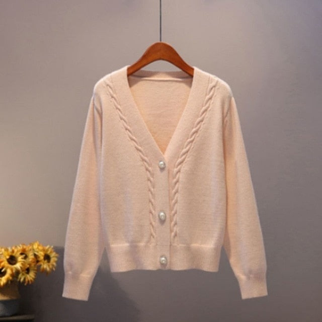 Sweater Cardigan Women Autumn Winter V Neck Pearl Single Breasted Loose Short Thicken Sweater Top - MERGE.DAY.1.FREESTYLE