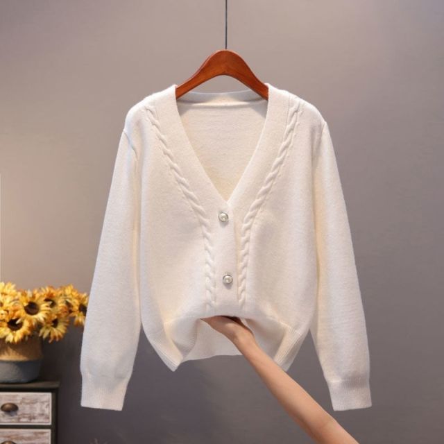 Sweater Cardigan Women Autumn Winter V Neck Pearl Single Breasted Loose Short Thicken Sweater Top - MERGE.DAY.1.FREESTYLE