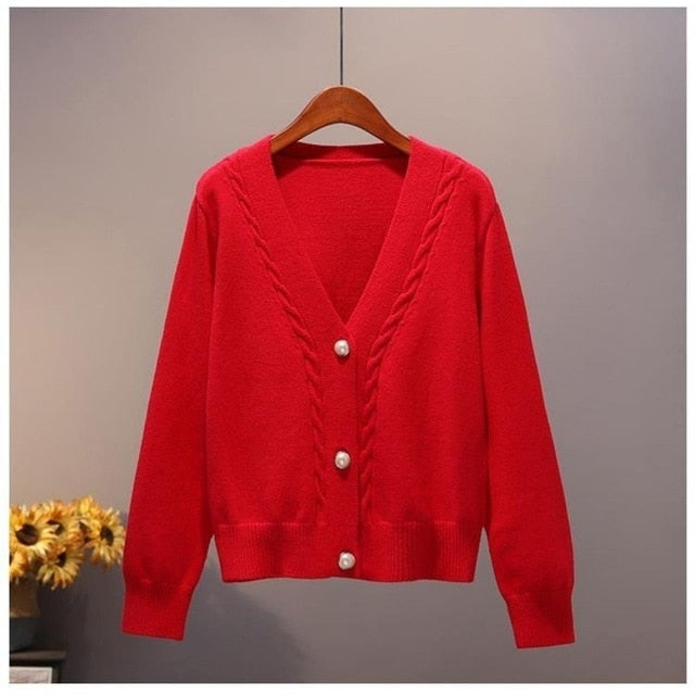 Sweater Cardigan Women Autumn Winter V Neck Pearl Single Breasted Loose Short Thicken Sweater Top - MERGE.DAY.1.FREESTYLE