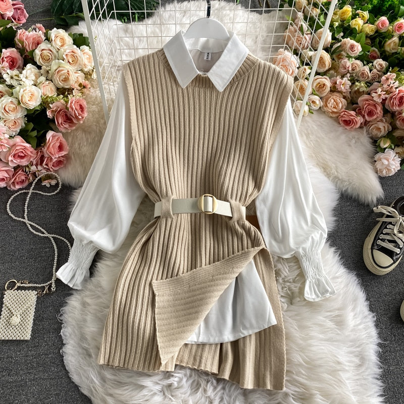 women's lantern sleeve shirt knitted vest two piece sets of College style - MERGE.DAY.1.FREESTYLE