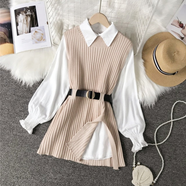 women's lantern sleeve shirt knitted vest two piece sets of College style - MERGE.DAY.1.FREESTYLE