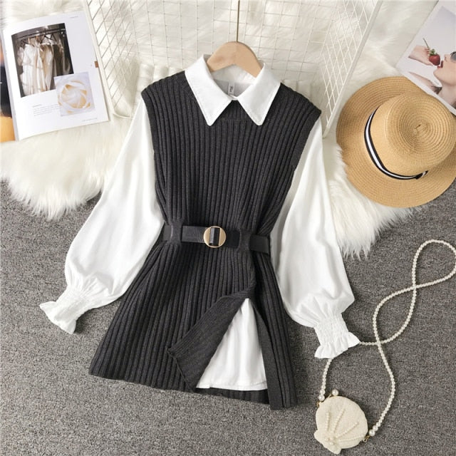 women's lantern sleeve shirt knitted vest two piece sets of College style - MERGE.DAY.1.FREESTYLE