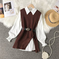 women's lantern sleeve shirt knitted vest two piece sets of College style - MERGE.DAY.1.FREESTYLE