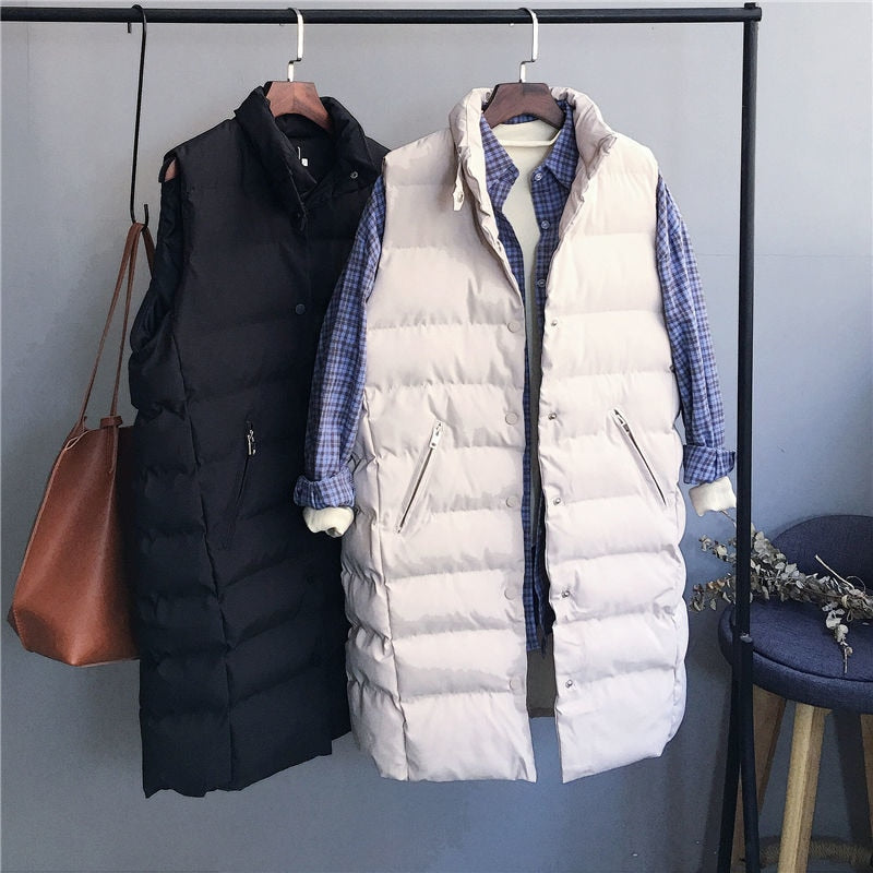 Autumn Winter Coat Women's Solid Loose Vest Stand Collar Long Vest Bodywarm Cotton Padded - MERGE.DAY.1.FREESTYLE