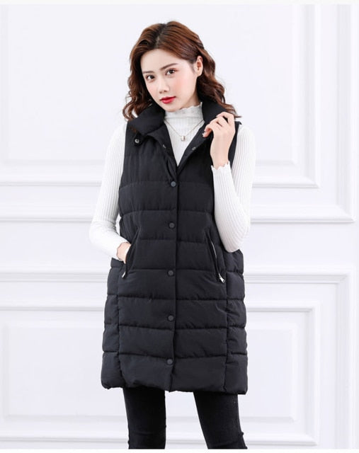 Autumn Winter Coat Women's Solid Loose Vest Stand Collar Long Vest Bodywarm Cotton Padded - MERGE.DAY.1.FREESTYLE