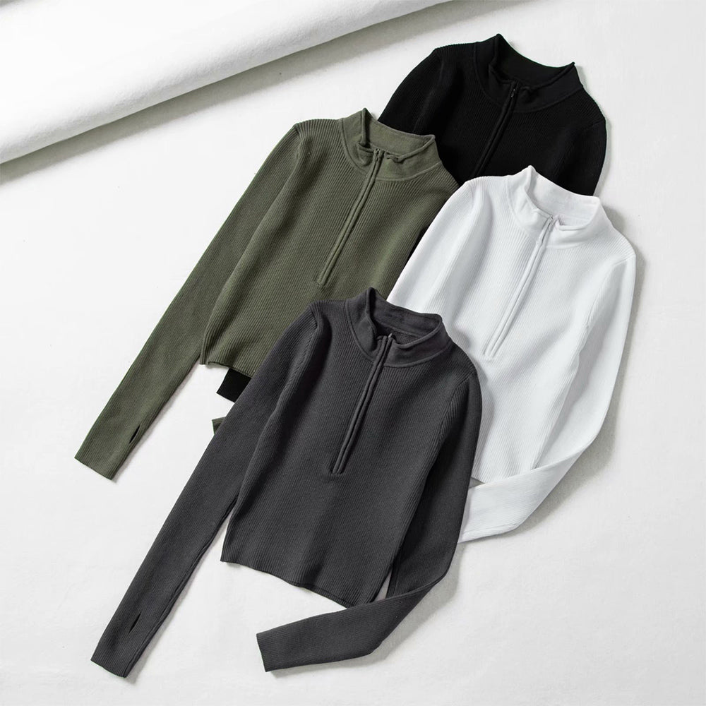 High Neck Zipper Front Knitted Sweater Women Solid Basic Cropped Pullover - MERGE.DAY.1.FREESTYLE