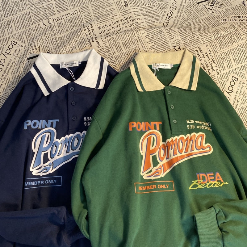 Polo Collar Oversized Letter Print Sweatshirt Long Sleeve Loose Buttons Tops - MERGE.DAY.1.FREESTYLE